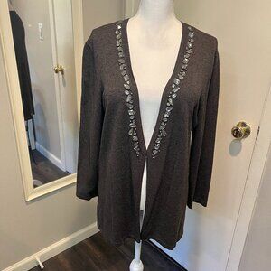 JONES New York Collection Gray Open Front Beaded Cardigan, Size Large